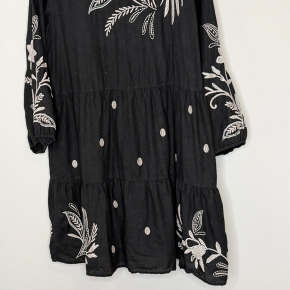 Johnny Was Black Linen Embroidered Frankie Tiered Field Dress Bird Boho Large - Picture 14 of 15